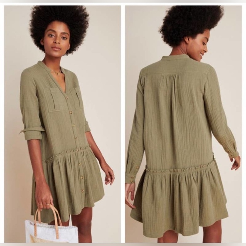 Anthropologie Maeve Katie Textured Utility Tunic Dress Sz12 Green Cotton Gauze
